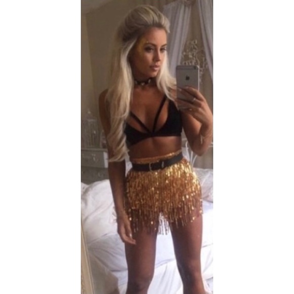 Elsie & Fred Sequined Gold High-Waisted La Bamba Fringe Rave Party Shorts - Picture 5 of 7